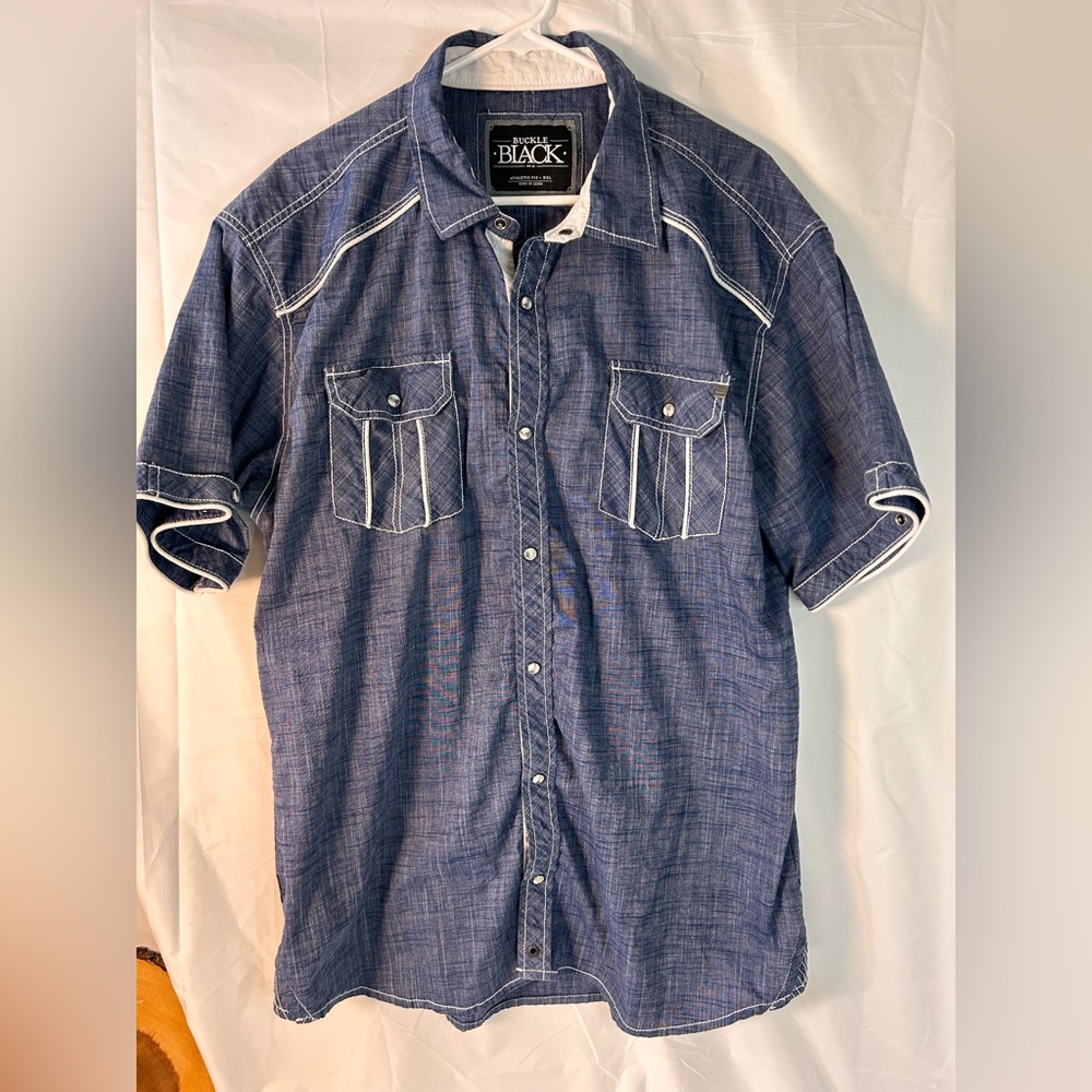Buckle Black short-sleeve western shirt pearl snaps white‎ stitching Size XXL